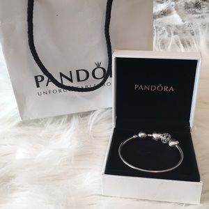 Pandora silver bangle with charm and 2 heart clips